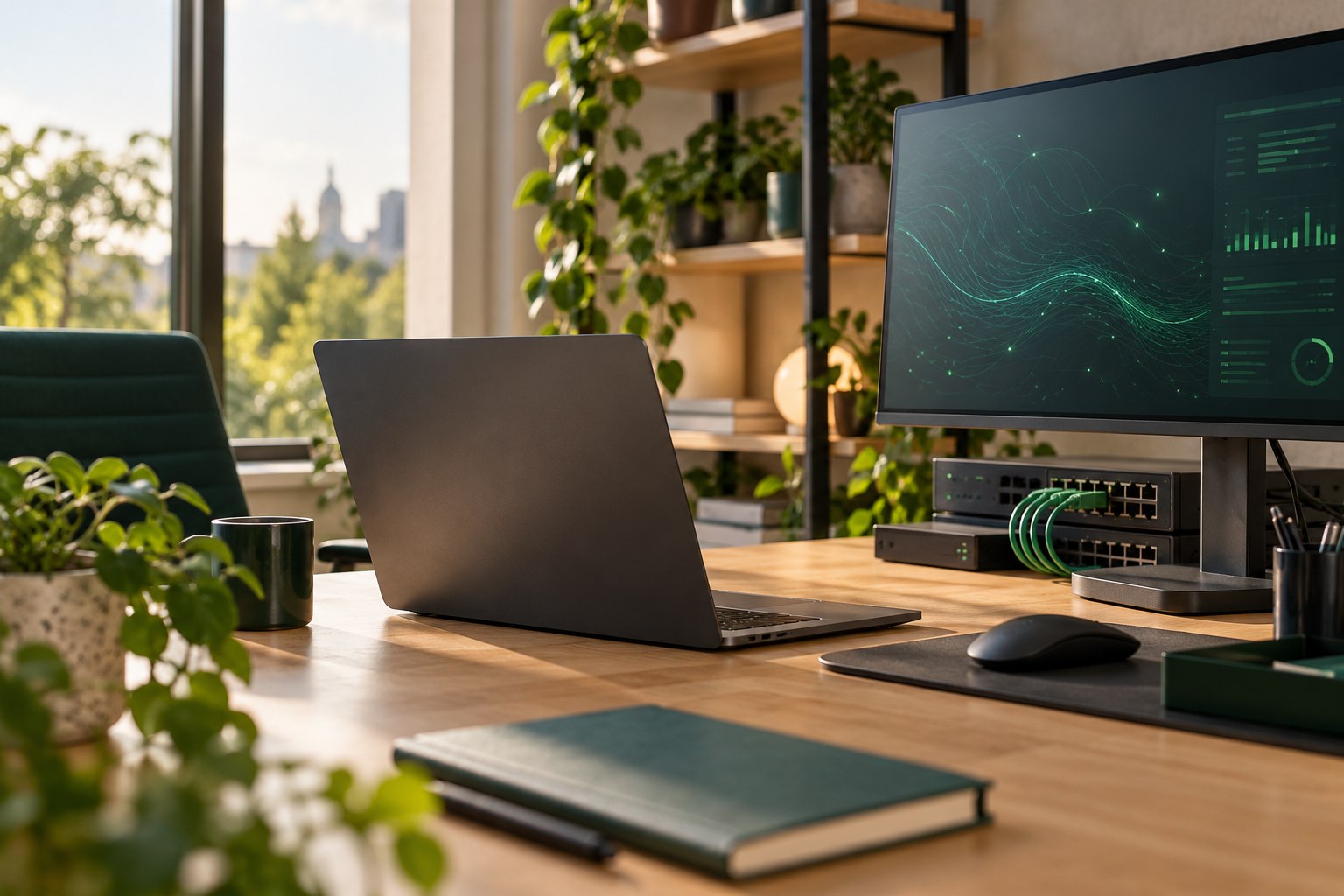 Postazione informatica con computer e apparati di rete